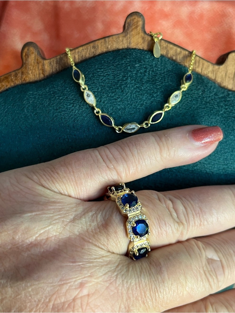 Gold Blue Sapphire Eternity Ring  & Petite Bracelet Elegant Statement Jewelry